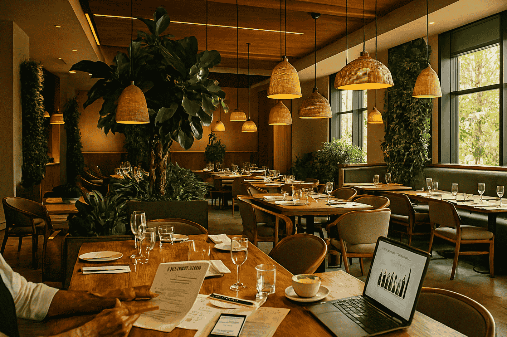 Inside a modern, upscale restaurant with warm lighting, wooden furniture, and lush greenery, a business professional reviews printed documents at a table set with a laptop displaying performance charts, a smartphone, and a cup of coffee. This scene represents the planning stage in the complete restaurant renovation timeline, where restaurant owners and a renovation contractor evaluate the restaurant renovation project, renovation budget, and project timeline. The setting reflects careful planning, operational efficiency, and renovation services aimed at achieving a successful restaurant renovation, improving the restaurant’s layout and dining area, enhancing customer experience, meeting customer expectations, and aligning with market trends to continue attracting customers.