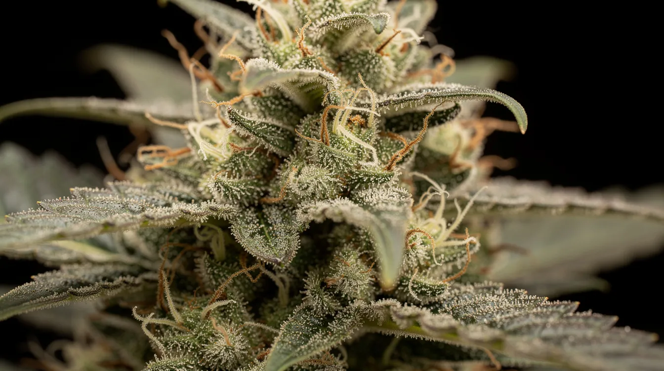 A close-up of a cannabis flower bud covered in shiny trichomes. The trichomes reflect light and give the bud a sparkling appearance, indicating the cannabis’s high purity and THC content.