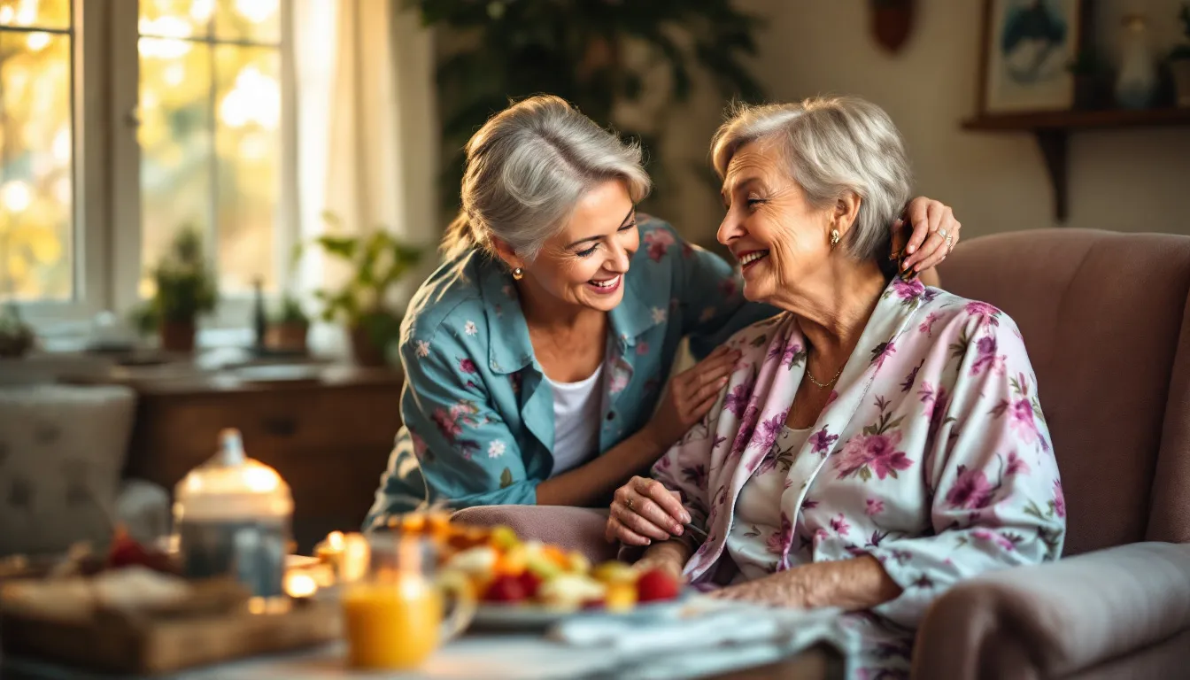 An elderly person receiving personal care from a professional caregiver in their home, illustrating comprehensive personal care.