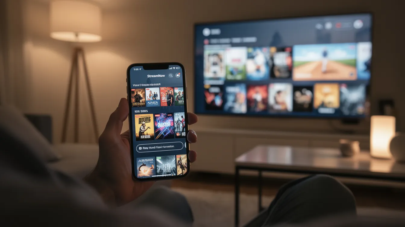 A person is holding a smartphone displaying a streaming app interface, showcasing options for films and series, while a smart TV is visible in the background, indicating access to IPTV services for the family. This setup allows users to enjoy video on demand and live broadcasts at any time.