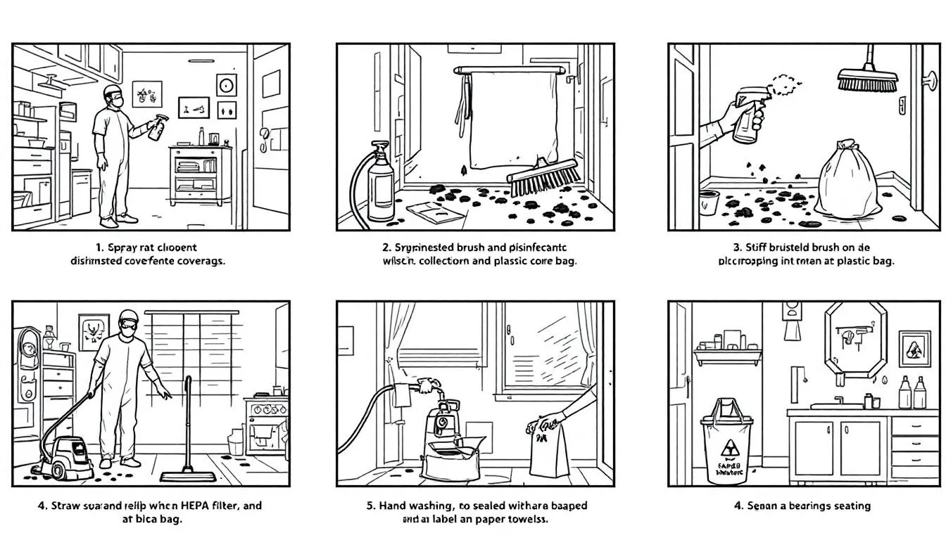 Step-by-step cleanup guide for rat droppings, including safety gear.