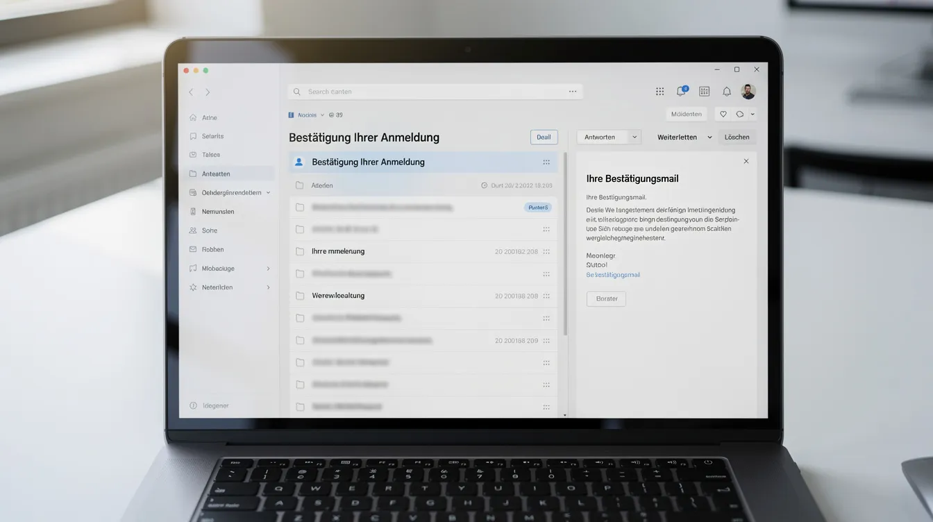 Der Bildschirm eines Notebooks zeigt ein E-Mail-Postfach mit einer neuen Bestätigungsmail, die von Allianz Trade stammt. Die Nachricht enthält Informationen zu einer Anfrage und Optionen für den Service des Teams von Euler Hermes.