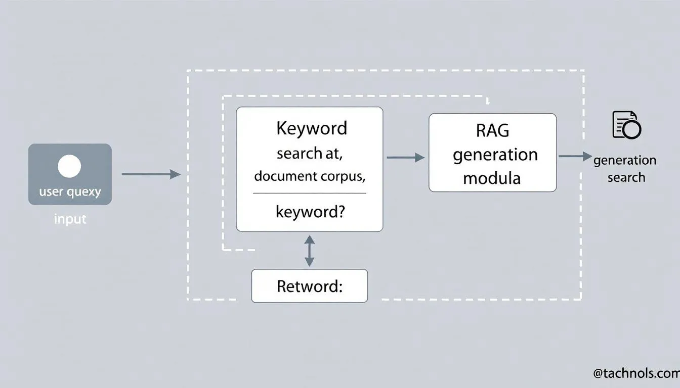 The image illustrates the design process of a Retrieval Augmented Generation (RAG) system, highlighting the strategic decisions involved in selecting retrieval algorithms. It emphasizes the importance of methods like keyword search and semantic similarity searches for enhancing retrieval accuracy and generating accurate responses to user queries, particularly in knowledge-intensive tasks.