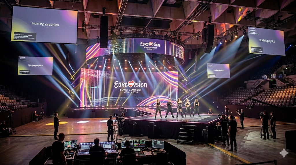 Repetition på scen inför Eurovision Song Contest 2026 i Wien där bidrag tränar inför semifinal och final.