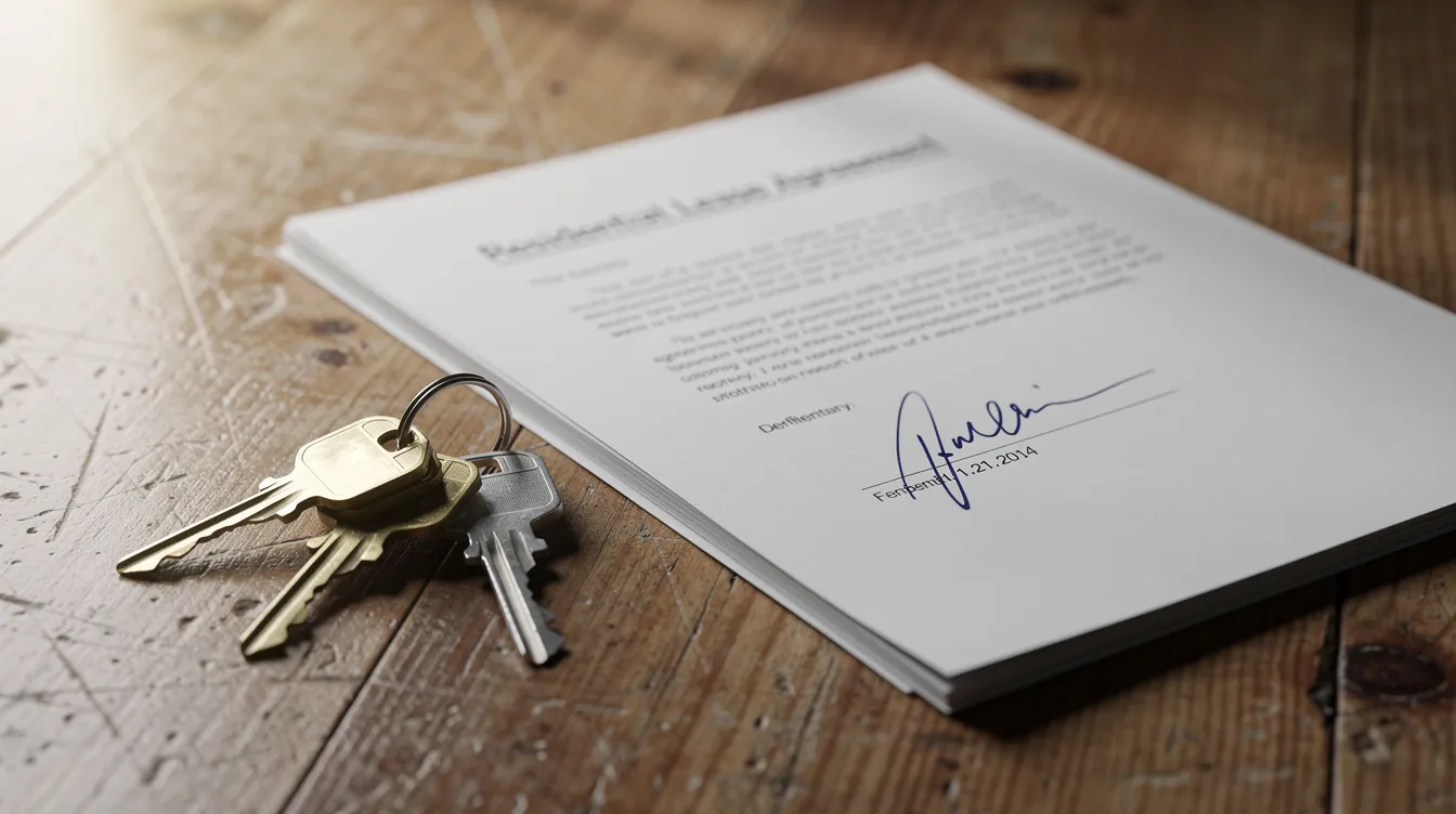The image shows a set of house keys resting on a wooden table beside a signed document, suggesting a transaction related to a rental property. This scene may relate to securing a dscr loan for an Airbnb property, highlighting the importance of personal income verification and projected rental income for real estate investors.