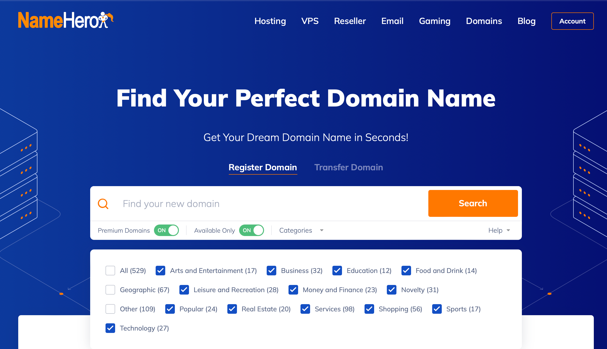 Purchase a custom domain from NameHero