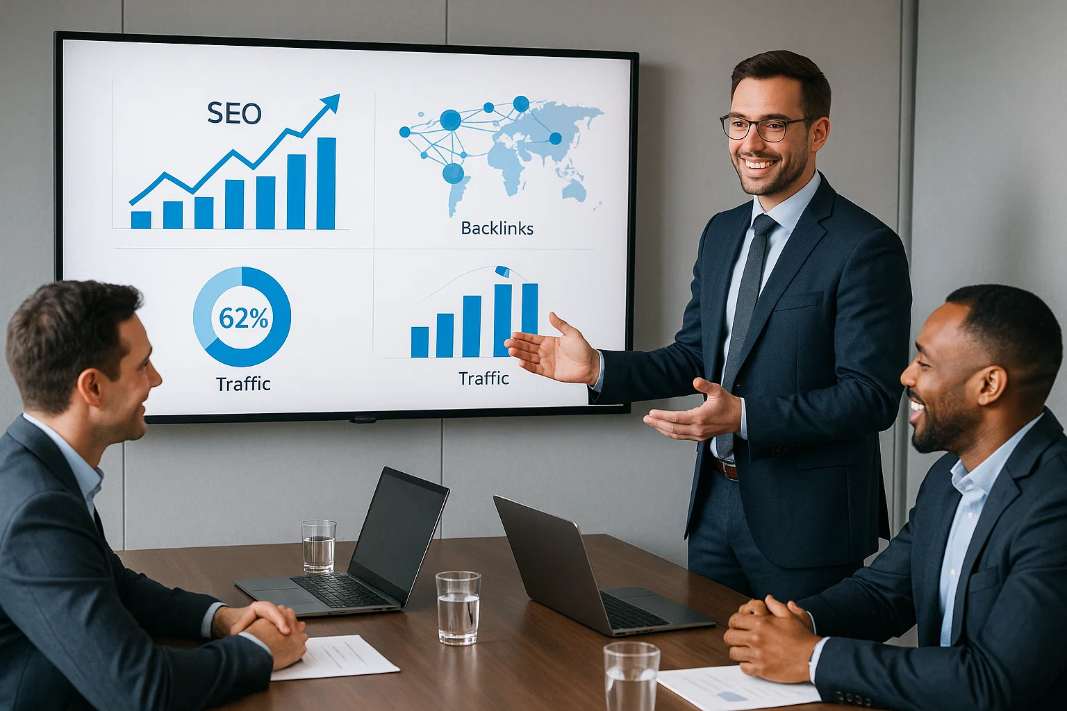 SEO consultant presenting business growth results from technical SEO and link building campaigns.