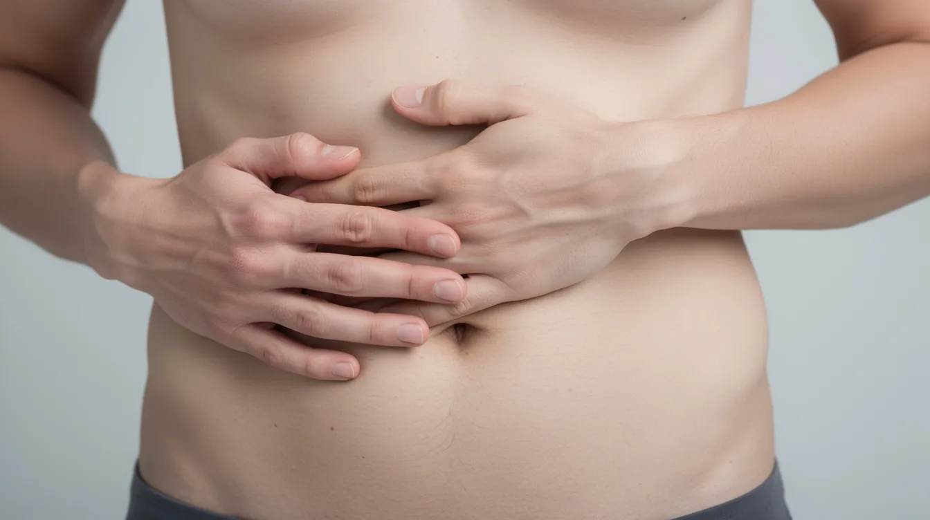 A person is gently pressing their abdomen with their fingertips, checking for signs of fluid accumulation, such as seroma formation, under the skin. This action may indicate the presence of fluid pockets that could require medical treatment following a surgical procedure like liposuction.