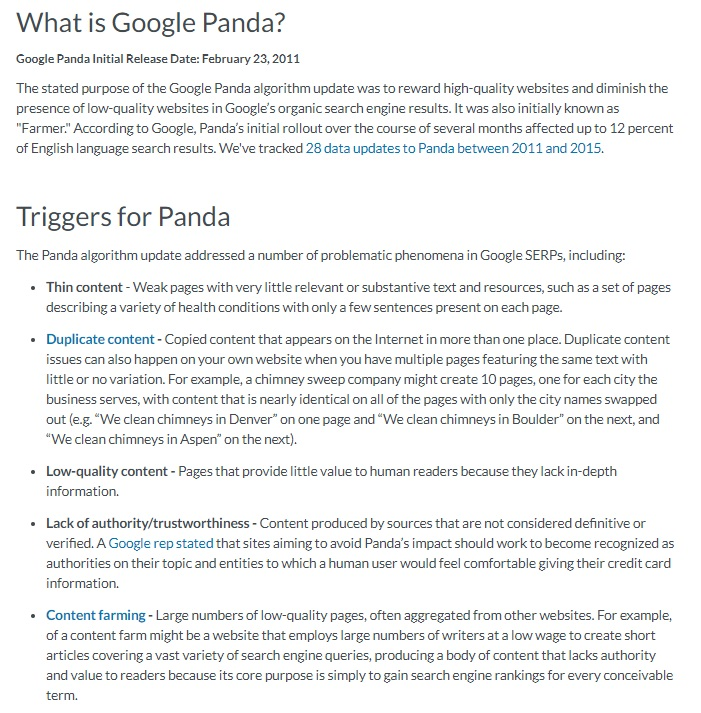 Screenshot of information on Google Panda at Moz blog | TheBloggingBox.com