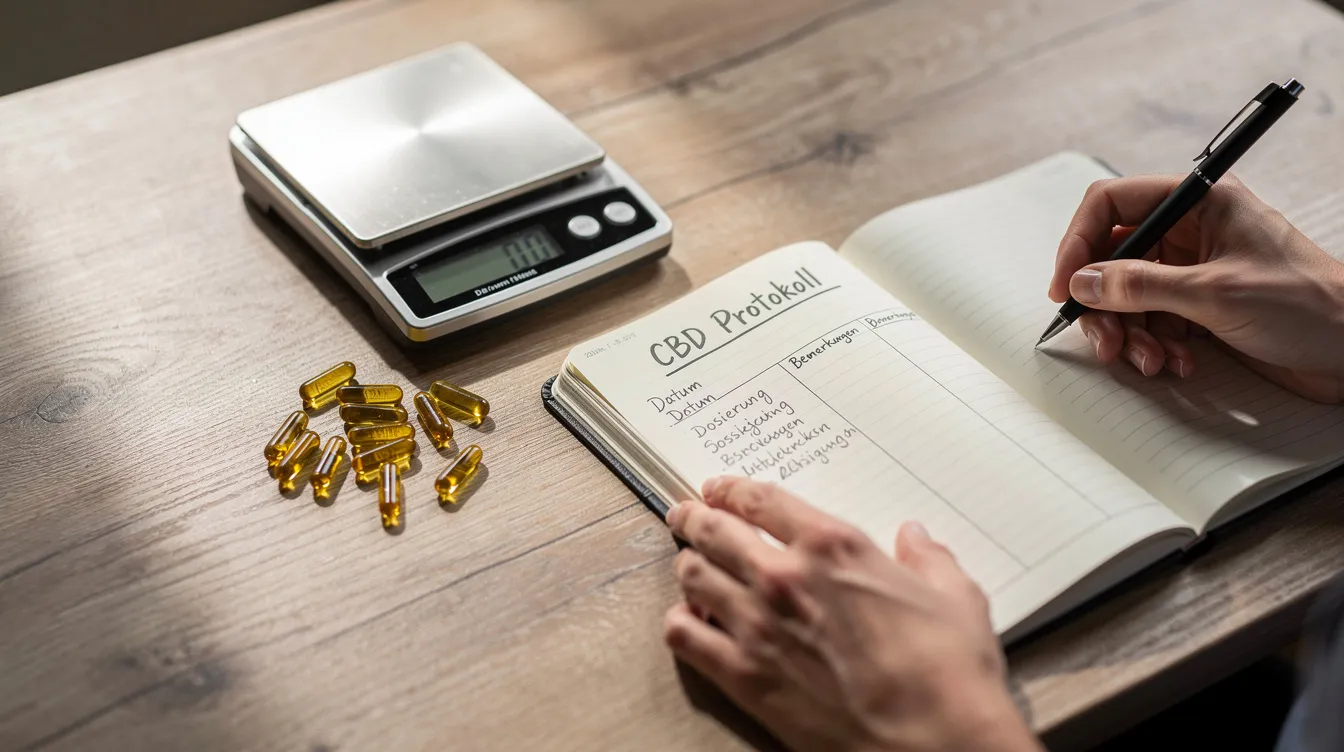 Eine Person schreibt in ein Notizbuch, während sie neben einer Waage und einer Packung CBD-Kapseln sitzt. Die Szene zeigt die Dokumentation der CBD-Dosierung, um die Vorteile von Cannabidiol besser zu verstehen.
