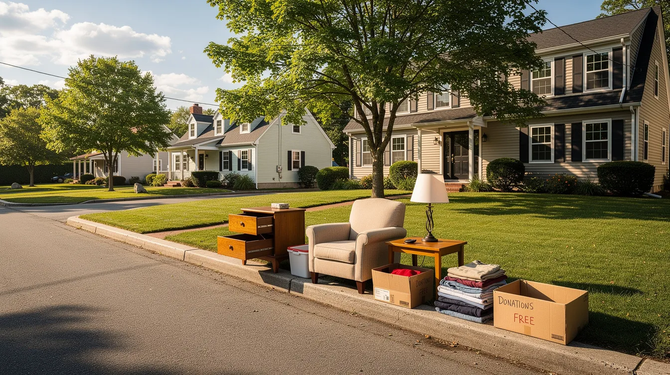 The image shows a sunny Connecticut neighborhood curbside collection area, with various pieces of furniture and household items neatly arranged for bulk trash pickup. This organized setup includes outdoor items and potentially hazardous materials, ready for the scheduled pickup by the garbage company.