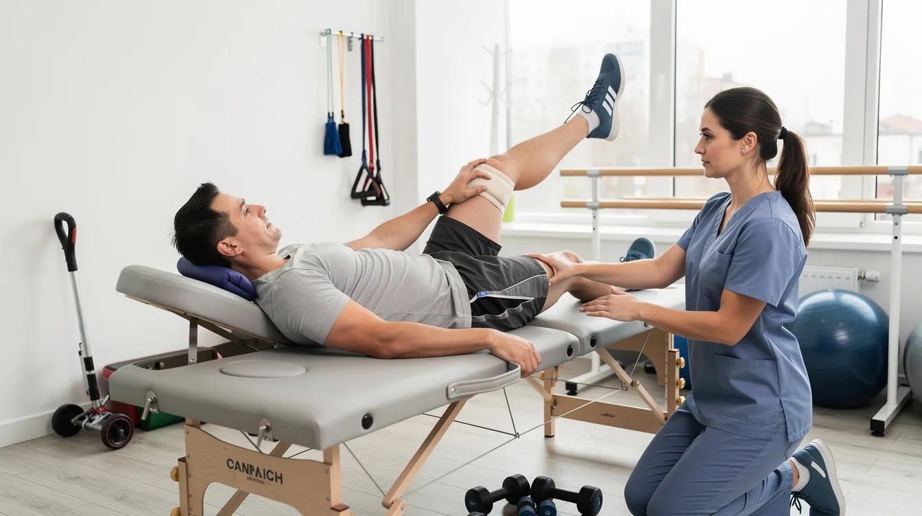 A physical therapist is helping a patient with a leg injury during a rehabilitation session in a clinical setting, focusing on exercises to aid recovery and improve mobility. This scene highlights the importance of seeking medical attention after serious injuries, such as those sustained in a bicycle accident, to ensure proper rehabilitation and recovery.
