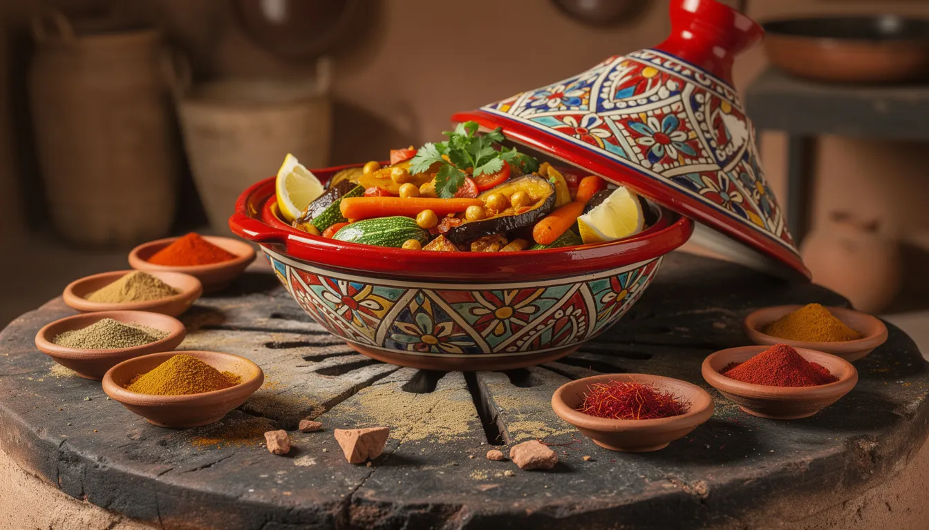A vibrant Moroccan tagine pot filled with colorful vegetables and aromatic spices rests on a traditional cooking surface, showcasing the rich culinary heritage of Morocco. This scene captures the essence of Moroccan cuisine, inviting travelers to experience the unforgettable flavors during their tours in Morocco.