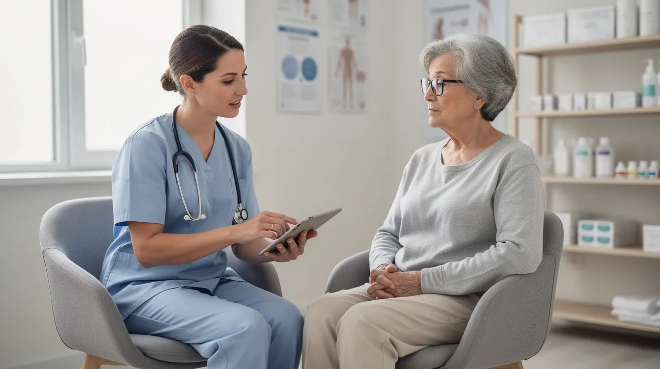 A healthcare provider is seated across from an elderly patient, discussing various treatment options for sleep disorders such as insomnia and sleep apnea. The conversation emphasizes the importance of quality sleep and healthy sleep habits to improve the patient&rsquo;s overall well-being.