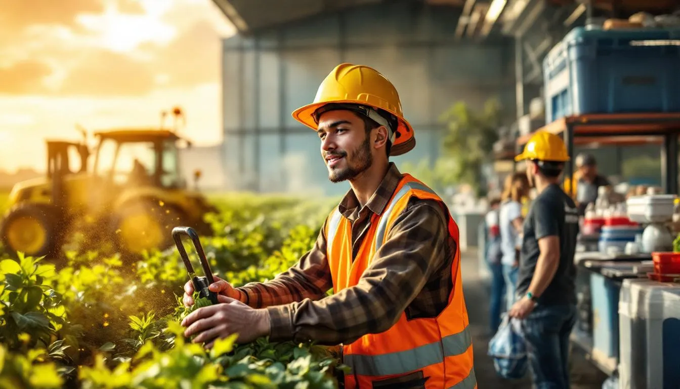 In this image, a young construction worker in a hard hat and reflective vest operates machinery under the intense sun, showcasing signs of heat exposure such as sweat and heatwaves, while a shaded rest station with a cooler and water bottles is visible in the background. Nearby, a person in a wide-brim hat picks produce in a sunlit agricultural field, emphasizing the risks of heat-related illnesses in outdoor work environments.