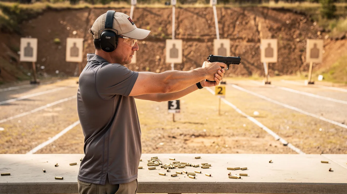 The image shows a person at an outdoor shooting range, safely handling a handgun while wearing protective gear. This scene emphasizes responsible gun ownership and adherence to Wisconsin gun laws, highlighting the importance of safety in target practice.
