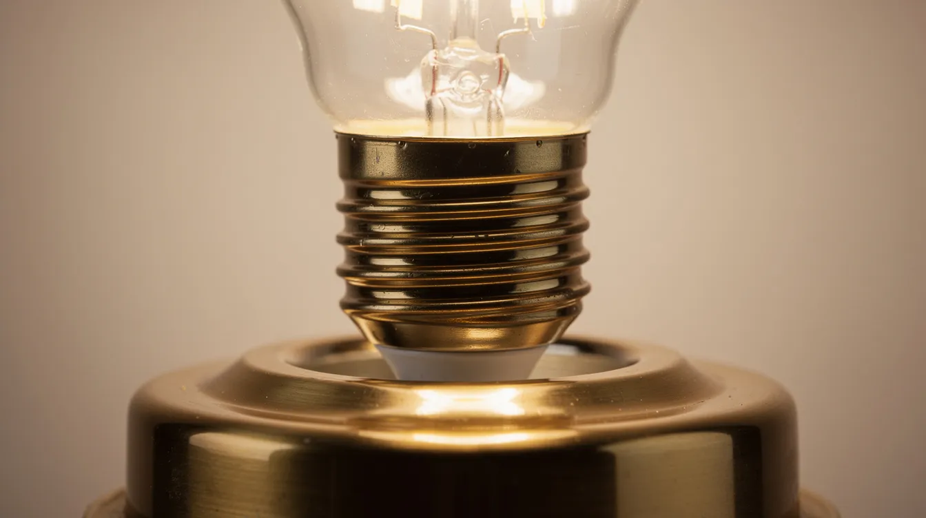 En närbild av en E27 LED-lampa med varmvitt ljus, monterad i en elegant vägglampa i mässing. Lampan ger ett stilrent och varmt ljus som passar perfekt för att skapa en mysig belysning i hemmet.