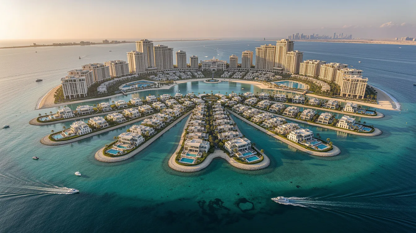 An aerial view showcases the stunning palm-shaped island of Palm Jumeirah, surrounded by sparkling turquoise waters, featuring luxury villas and apartments that exemplify Dubai's real estate market. This prime location offers exceptional property investment opportunities with high rental yields and a tax-free environment, attracting global investors looking to invest in Dubai real estate.