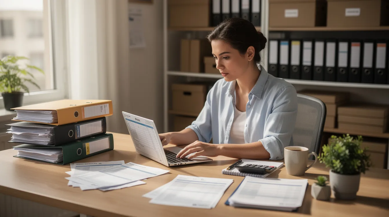 c8435df7 bc84 46a0 8302 69d7261ab0bc A small business owner is seated at a desk, meticulously organizing financial documents and bank statements, crucial for managing their cash flow and preparing for potential mudra loans. The workspace is filled with various papers, including previous loan statements and business registration documents, reflecting the entrepreneur's dedication to maintaining a satisfactory credit track record.