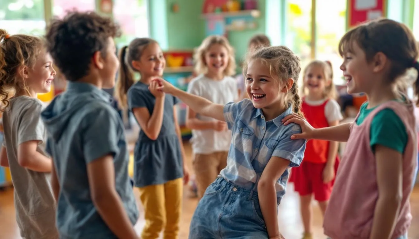 In der Abbildung sind Gruppen von Kindern zu sehen, die an verschiedenen Kennenlernspielen teilnehmen, um sich besser kennenzulernen und Teamgeist zu entwickeln. Die Atmosphäre ist fröhlich und entspannt, während die Kinder aktiv in einem Klassenzimmer oder auf dem Schulhof interagieren.
