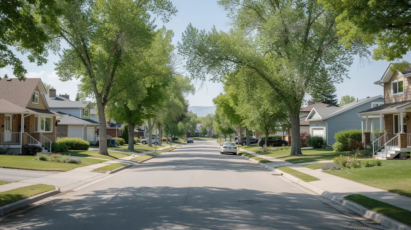 The image depicts a tree-lined residential street in Calgary, showcasing mature single-family homes with large front yards, characteristic of the established northwest communities like Varsity. The scene conveys a peaceful, park-like setting, ideal for families looking for homes for sale in this upscale area.
