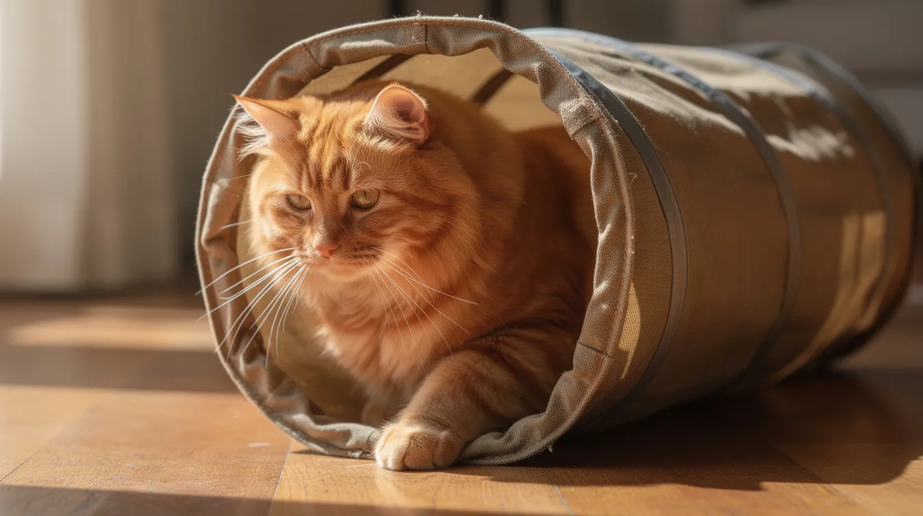 A large orange cat is playfully emerging from a heavy-duty fabric tunnel with reinforced edges, resting on a hardwood floor. This interactive cat toy provides an enclosed space for indoor cats to explore, hide, and enjoy playtime with plush ball toys or a wand toy.