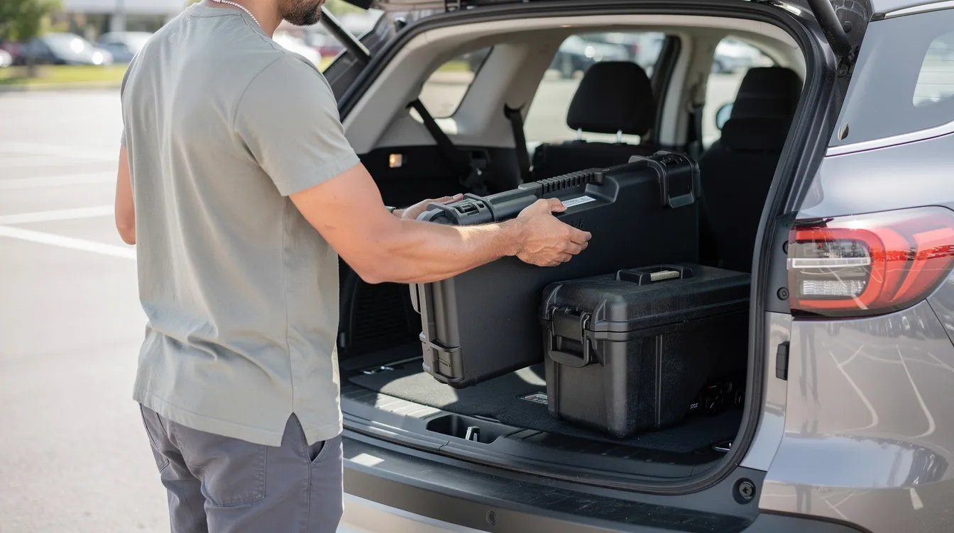 The image shows a person carefully placing an unloaded firearm case and a separate ammunition container into a vehicle, illustrating the responsible handling and transporting of firearms in accordance with Pennsylvania law. This practice aligns with the state's regulations on firearm ownership and safety measures.