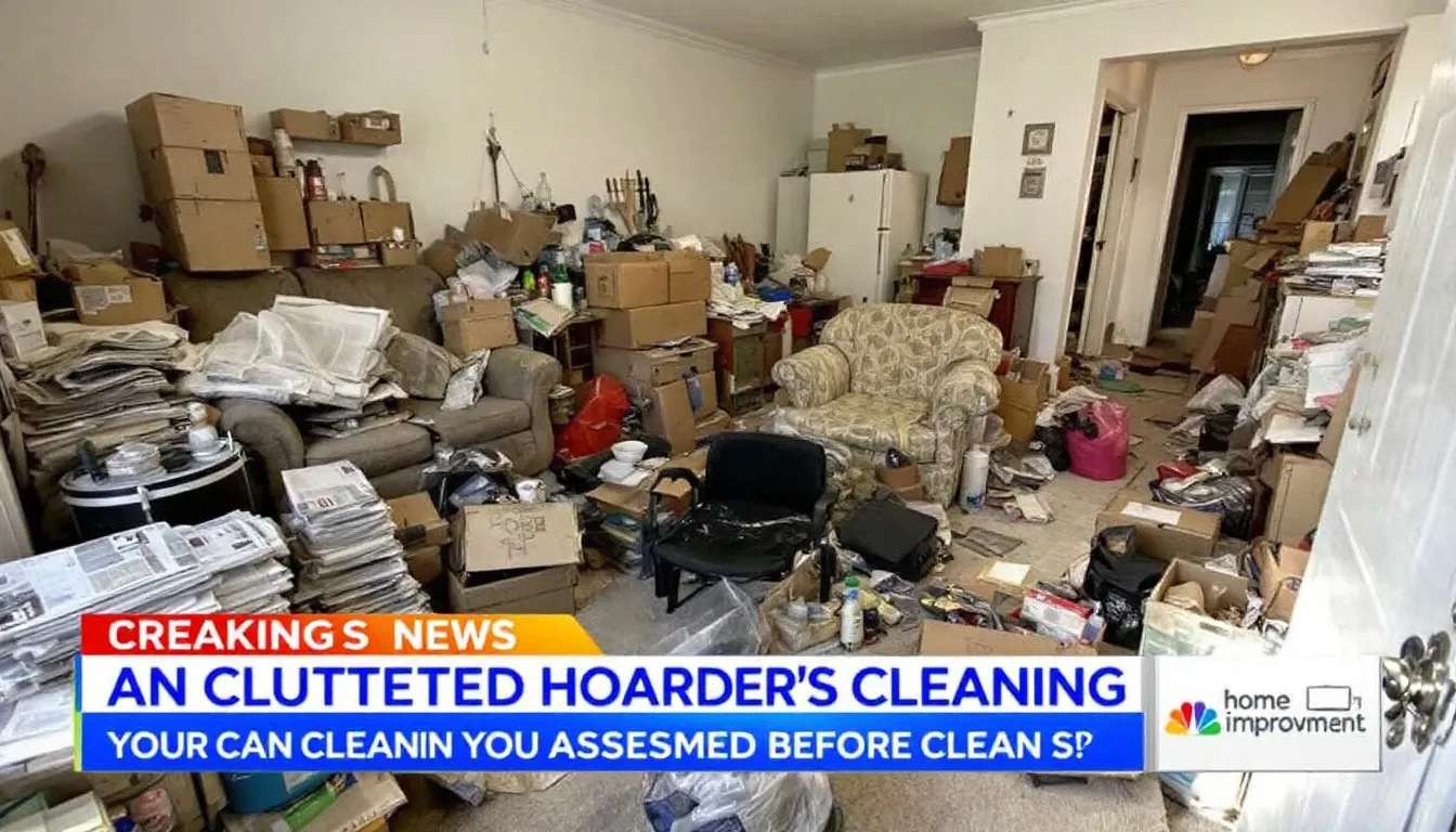 A cluttered hoarder's house showing various household items in disarray, indicating the need for assessment before cleaning.