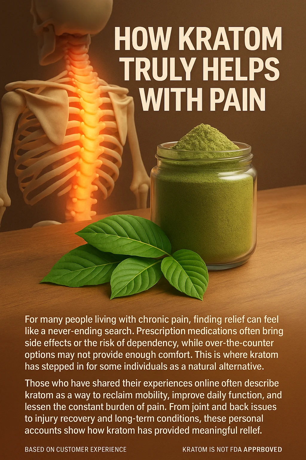 Uplifting Kratom Community Interviews 2 Infographic showing kratom’s role in pain relief. Visuals include a glowing human skeleton spine, a jar of kratom powder, and fresh green leaves. Text describes kratom as a natural alternative for managing chronic pain and improving mobility, based on customer experiences.