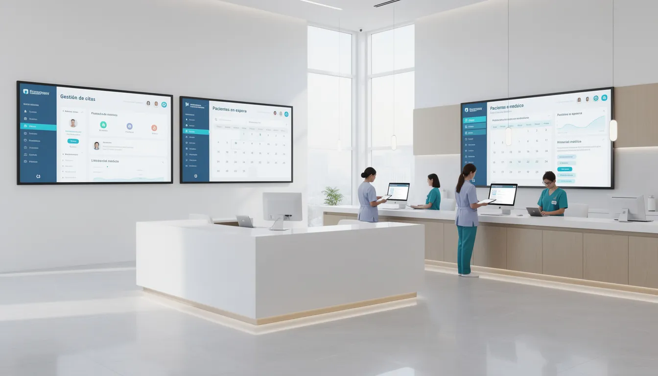 Imagen de una clínica moderna equipada con tecnología integrada, donde se pueden ver pantallas digitales que muestran información sobre la gestión de pacientes y expedientes clínicos. Este entorno refleja el cumplimiento de las normas de la Secretaría de Salud y el Sistema Nacional de Salud en México, promoviendo una atención médica eficiente y acorde a la norma oficial mexicana NOM 004.