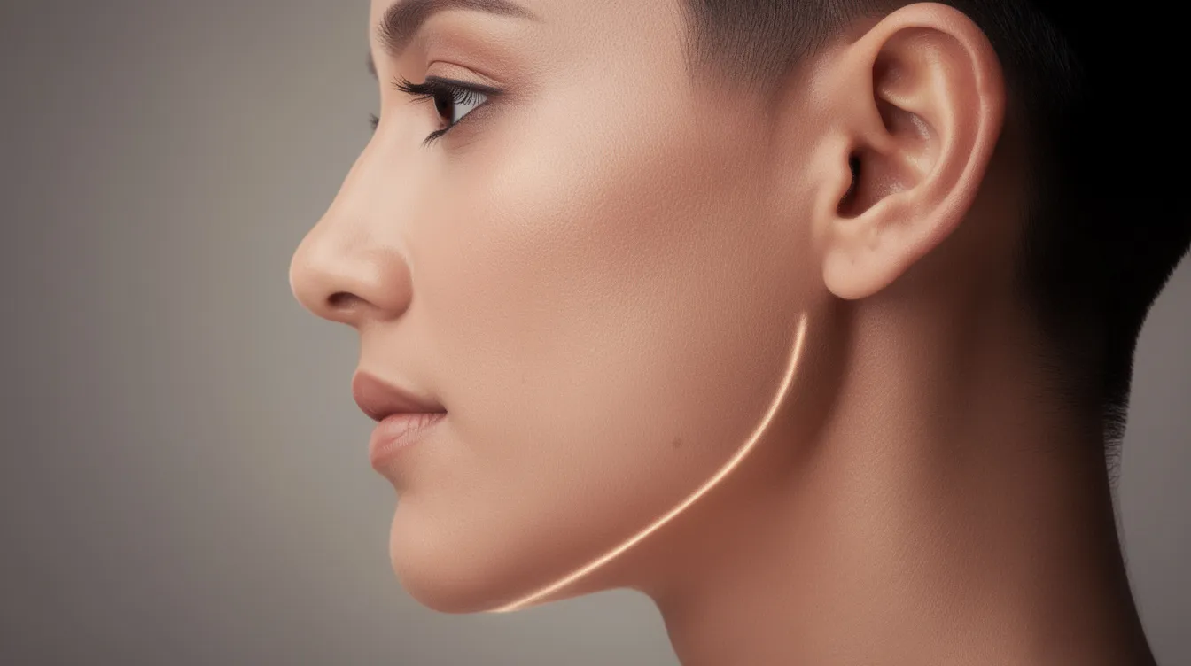 The image features a side profile of a person showcasing a defined yet natural-looking jawline, highlighting the effects of cosmetic procedures like botox treatments. The person's facial expression appears relaxed, emphasizing the youthful appearance and natural facial expressions achieved through non-invasive methods.