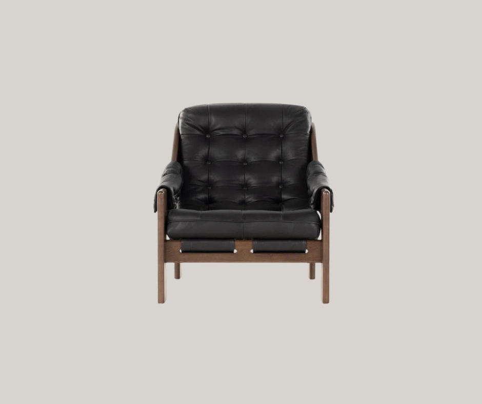 A black leather and wood tufted chair that's ready to order from Perigold (not sure if it comes in more than one box)