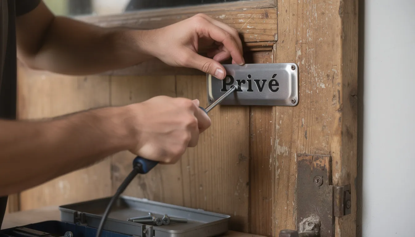 Een persoon bevestigt een bordje op een houten deur met behulp van gereedschap, waarbij het bordje waarschijnlijk een indicatie geeft voor het toilet. Het ontwerp is speels en het materiaal kan variëren van aluminium tot emaille, passend bij de huisstijl van het gebouw.