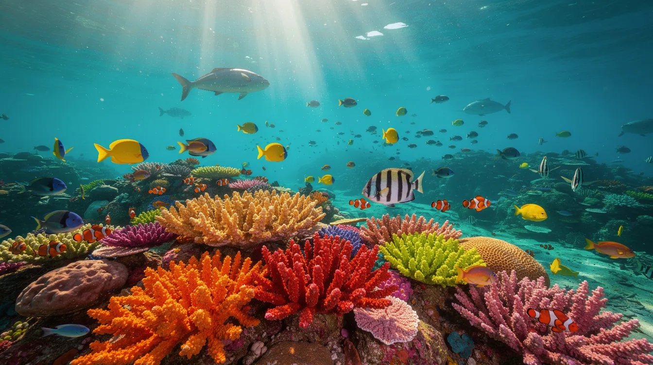 Imagem de um recife de corais coloridos em Curaçao, onde peixes tropicais nadam em águas cristalinas de tom azul turquesa, refletindo a beleza das praias caribenhas. A cena captura a diversidade da vida marinha, ideal para quem sonha com férias em um destino paradisíaco.