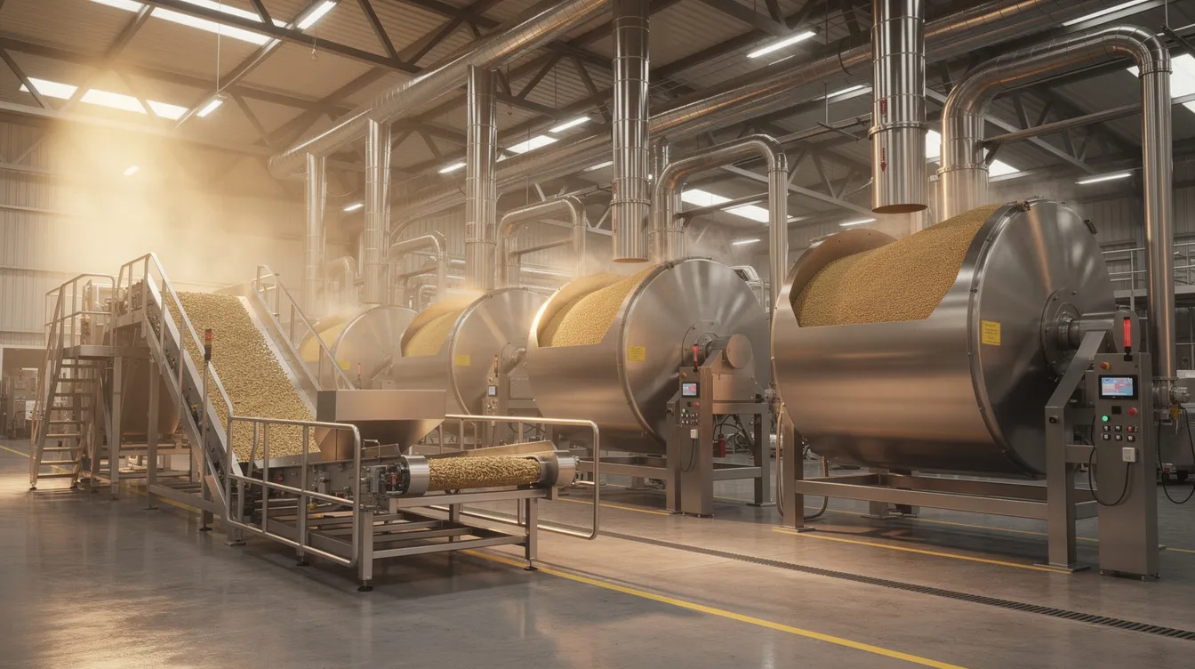 c84e6409 cef6 4a34 b397 6daec33f640c The image depicts industrial food grain roasting drums within a large factory, showcasing metal equipment and conveyor systems essential for the sattu manufacturing business. This setup highlights the machinery used for processing roasted Bengal gram into fine sattu powder, emphasizing the operational aspects of food processing industries in India.