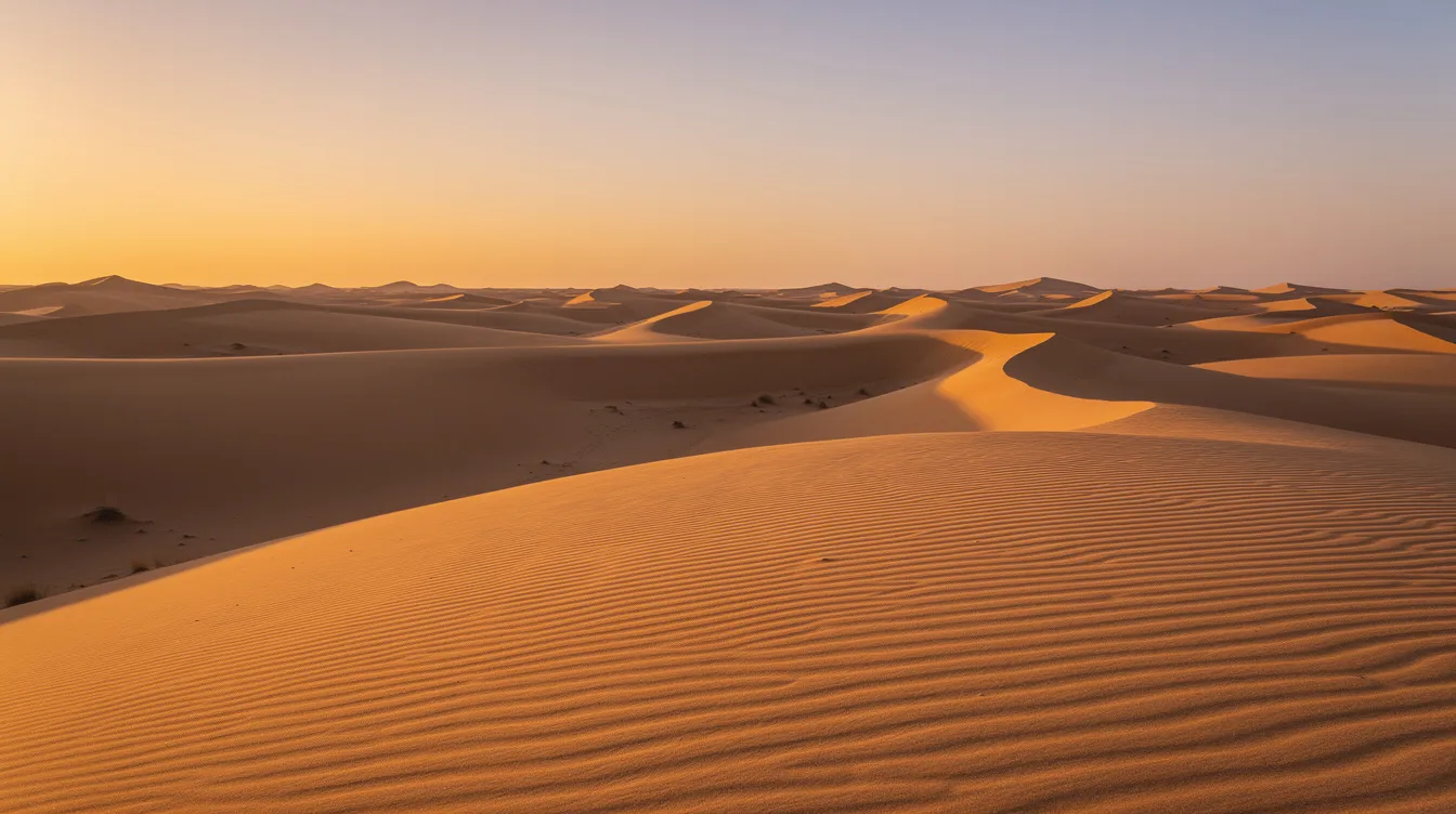 The image depicts golden sand dunes at sunset, bathed in warm hues under clear skies, symbolizing the dry and hot summers typical of Morocco's climate. In the background, the vast Sahara Desert stretches, highlighting the arid beauty of North Africa's landscape.