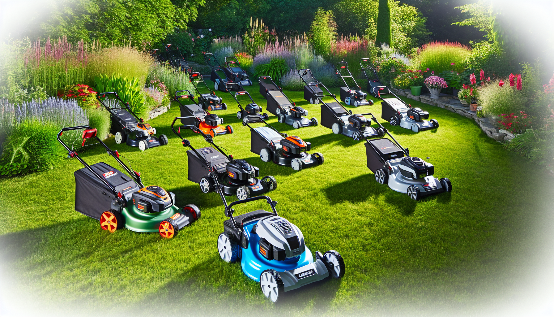 Various electric lawn mowers displayed in a garden setting