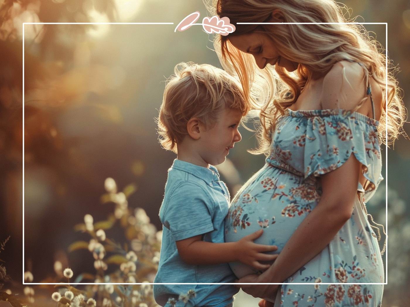 Pregnant mother and young son sharing a tender moment outdoors, representing the heart of Mother’s Day.