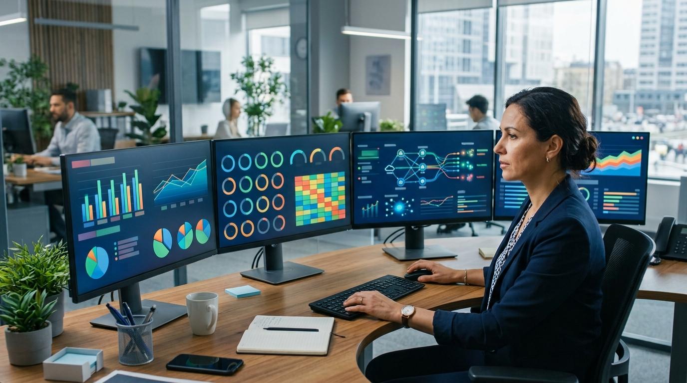 Training administrator monitoring visual analytics dashboards with charts, learner progress indicators, and cloud-based lab activity on multiple screens.