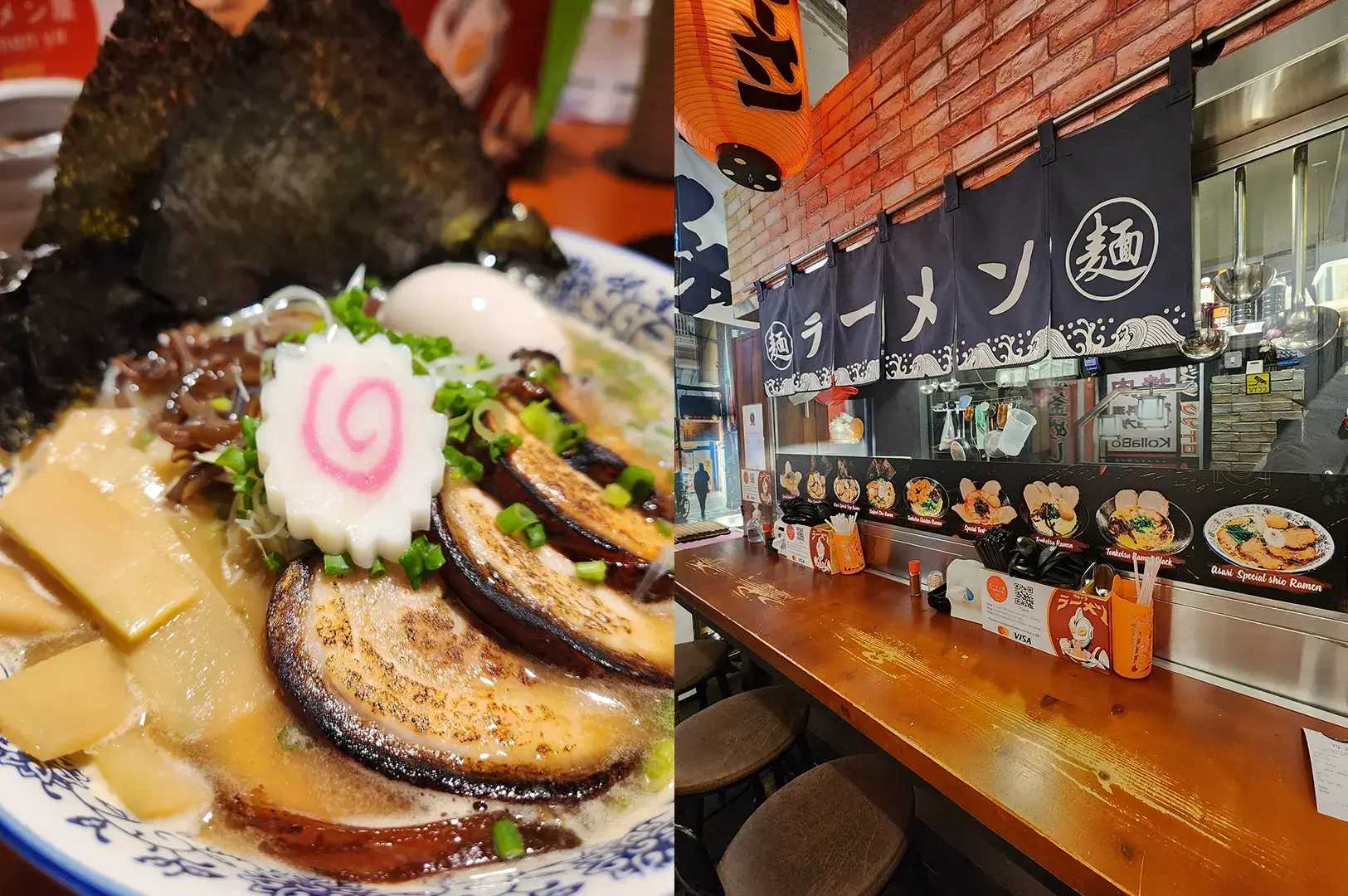 Ramen bowl and counter seating at Ramen-ya