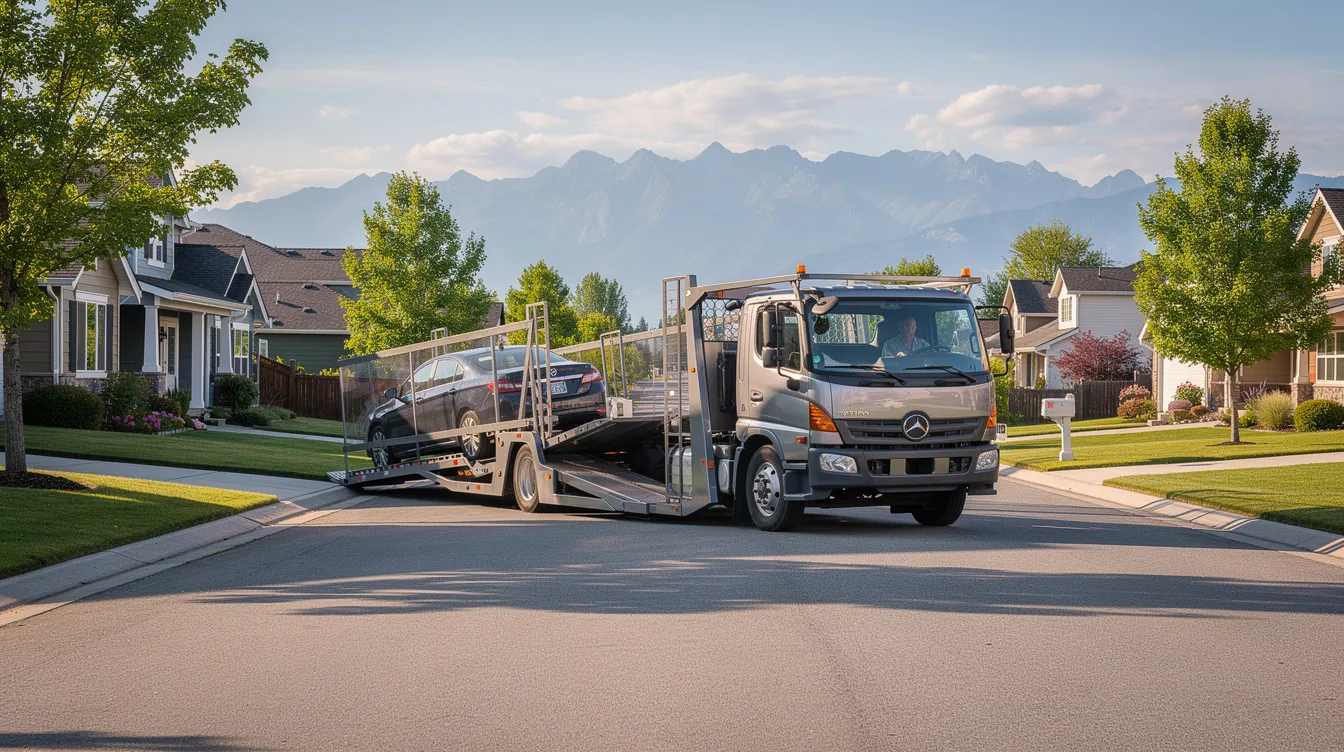 A car carrier truck is loading a sedan on a residential street in Santa Fe, New Mexico, with picturesque mountains in the background. This scene reflects the vehicle transport process, showcasing the reliable car shipping services available in the area.