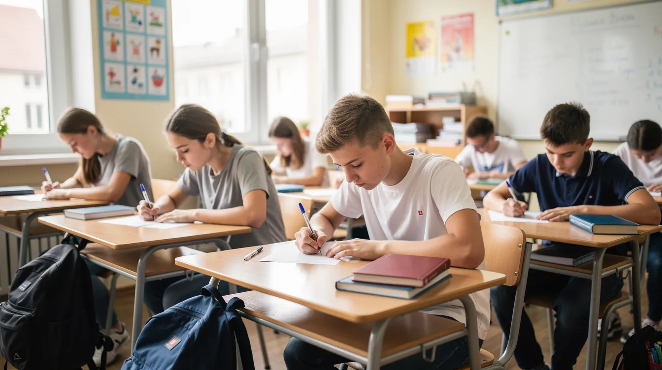 Na obrazku widoczna jest grupa nastolatk&oacute;w siedzących w ławkach szkolnych, skupionych na pisaniu testu dotyczącego historii, prawdopodobnie z działu 3 w obronie granic Rzeczypospolitej. Uczniowie mają przed sobą kartki papieru, na kt&oacute;rych zapisują odpowiedzi na pytania związane z wydarzeniami historycznymi, takimi jak bitwy i wyprawy zbrojne.