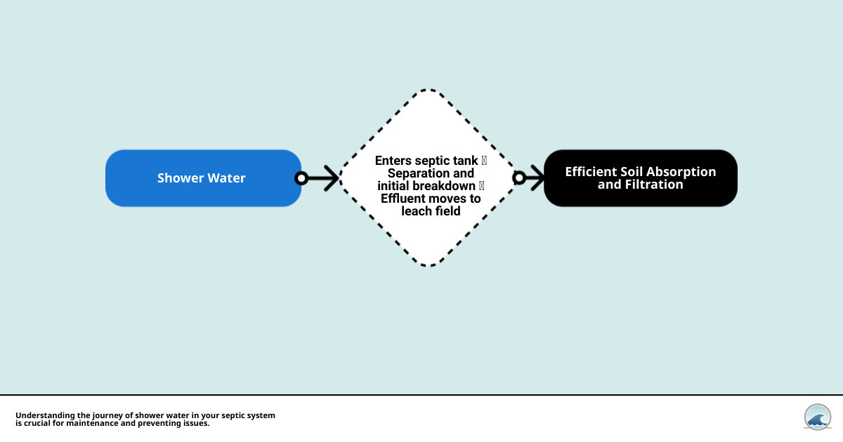 Infographic detailing how shower water, along with other domestic wastewater, enters the septic tank, undergoes separation and initial breakdown, then moves on to the leach field for further treatment and eventual dispersal into the soil. The infographic emphasizes the importance of mindful water usage and regular septic tank maintenance to prevent system overload and ensure efficient operation. - does shower water go into septic tank infographic flowmap - septic tank system