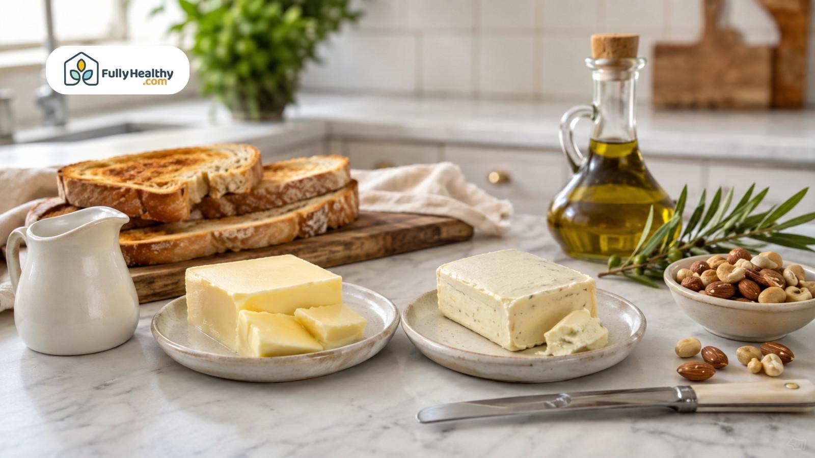 Traditional butter and plant-based butter alternative served with bread and healthy ingredients