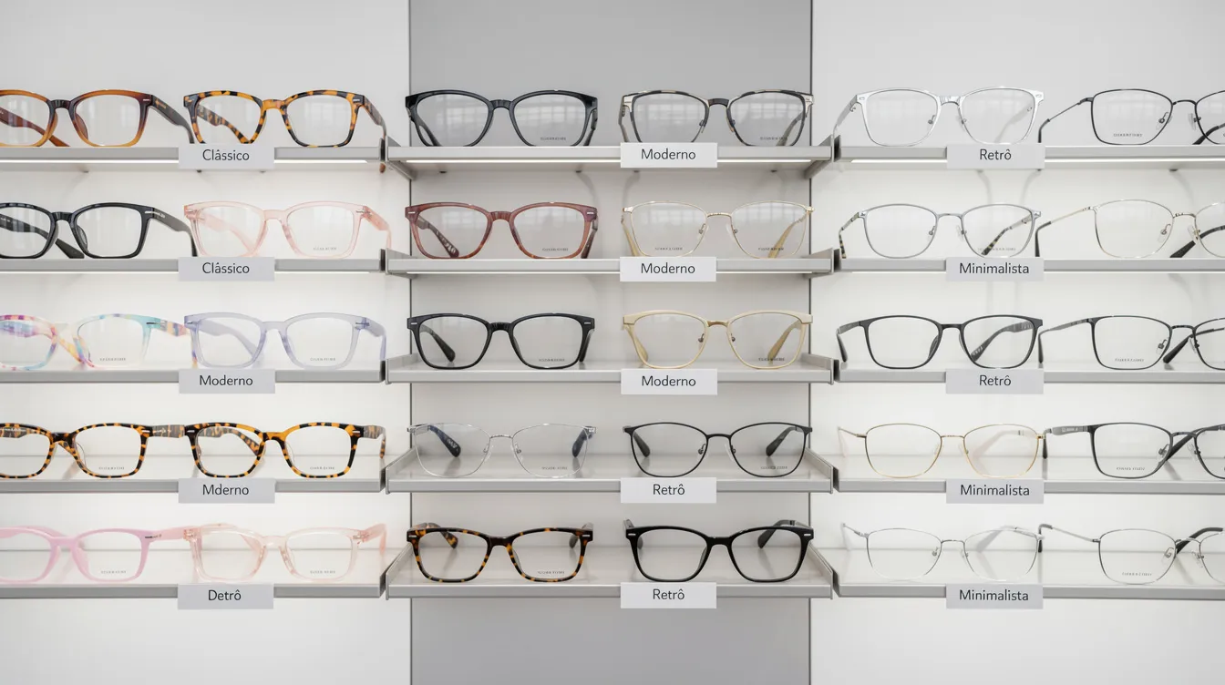 Imagem de um expositor apresentando uma variedade de armações de óculos em acetato e metal, organizadas por estilo, com diferentes cores e formatos, como hexagonais e aviador, ideal para quem busca qualidade e conforto na escolha de lentes.