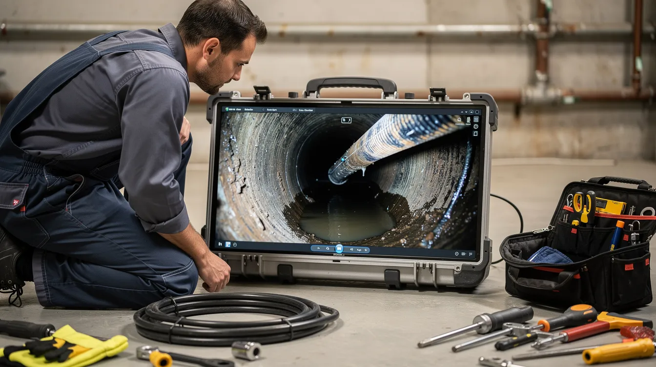A plumber kneels beside a monitor displaying footage from a camera inspection of an existing pipe, assessing its condition and identifying potential issues for trenchless sewer line repair. This method allows for effective pipe rehabilitation without the need for extensive excavation, minimizing disruption to the surrounding landscape.