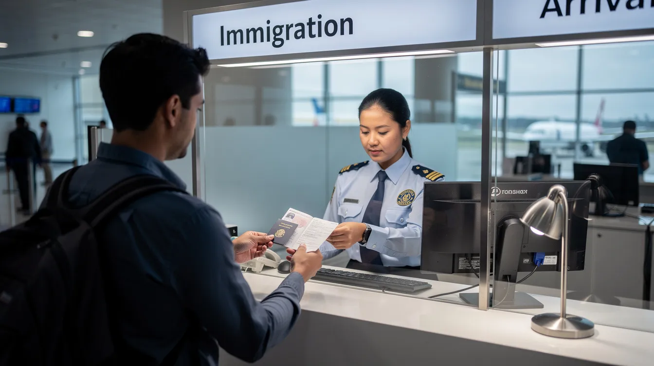 A traveller stands at an immigration counter, presenting their valid passport and other physical documents to an officer. This scene illustrates the UK immigration system in action, as the traveller navigates the application process for a visa, adhering to the immigration rules set by the UK government.