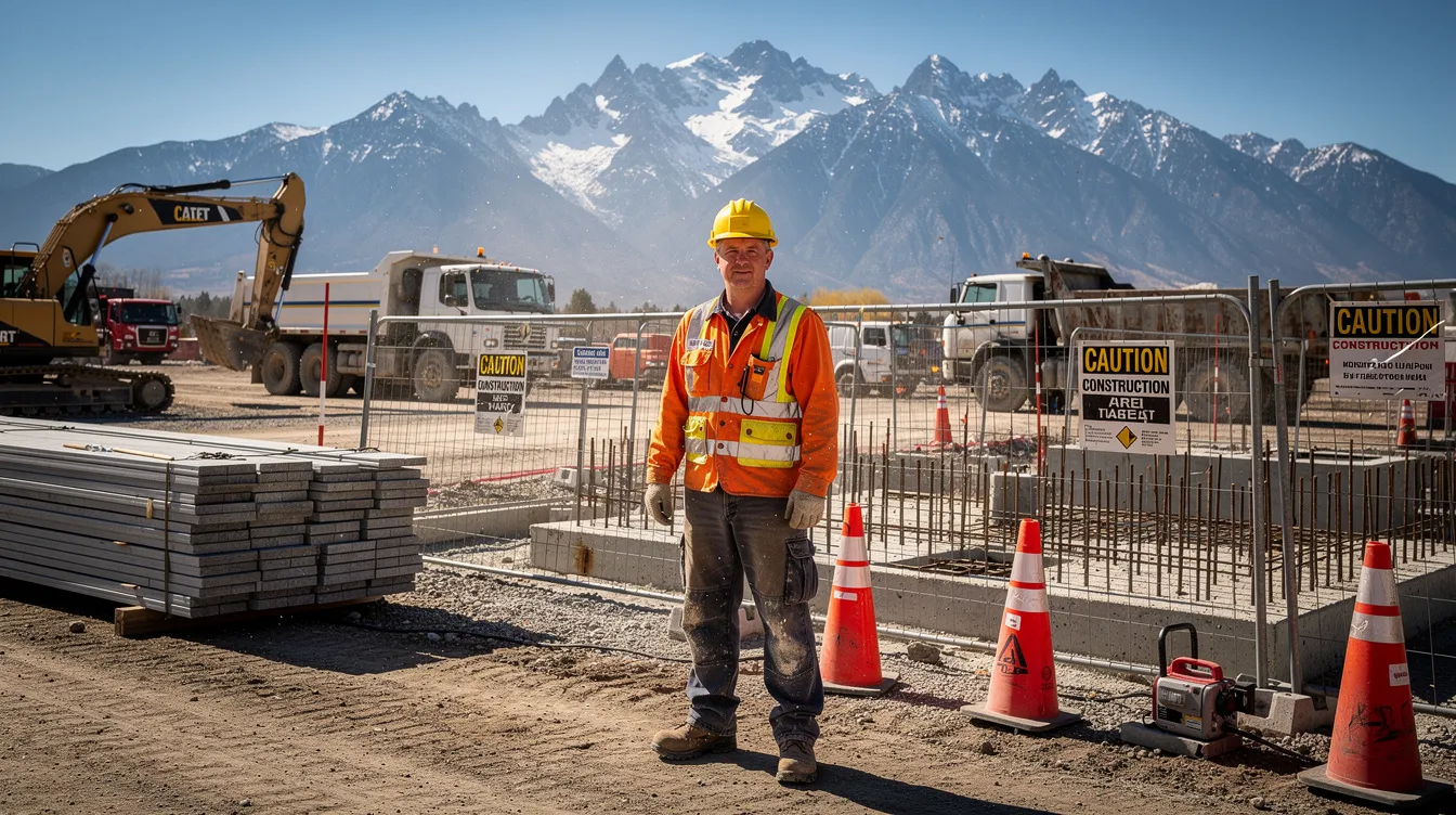 The image shows a construction worker wearing a hard hat and a bright safety vest, standing confidently near a job site with majestic mountains in the background. This scene emphasizes the importance of workplace safety and the role of experienced workers compensation attorneys in protecting injured workers' rights in Colorado Springs.