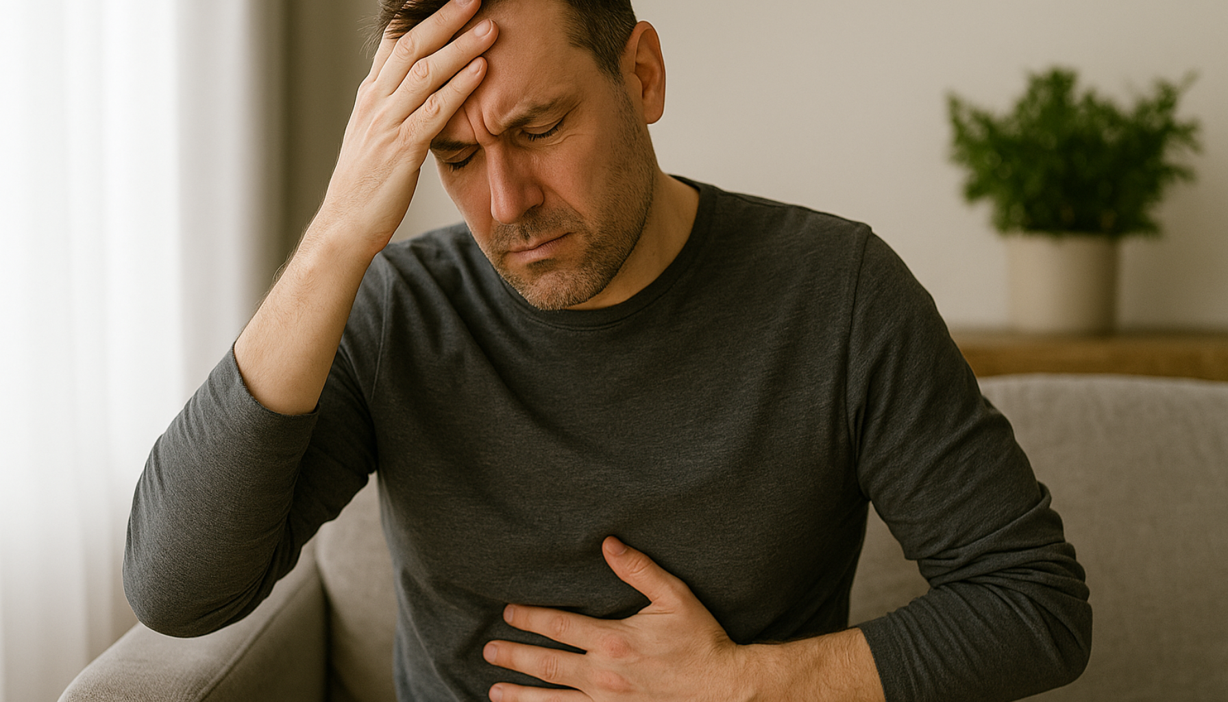 Mann med stress og magesmerter sitter på sofa, holder hodet og magen med bekymret uttrykk.