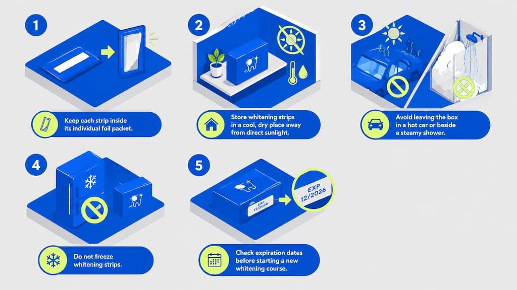 Five storage steps illustrated: keep each strip in its foil packet, store in a cool dry place away from direct sunlight, avoid hot cars and steamy showers, do not freeze strips, and check expiration dates before starting a new course